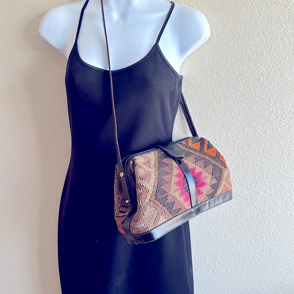 Aztec design woven jute and leather framed crossbody bag